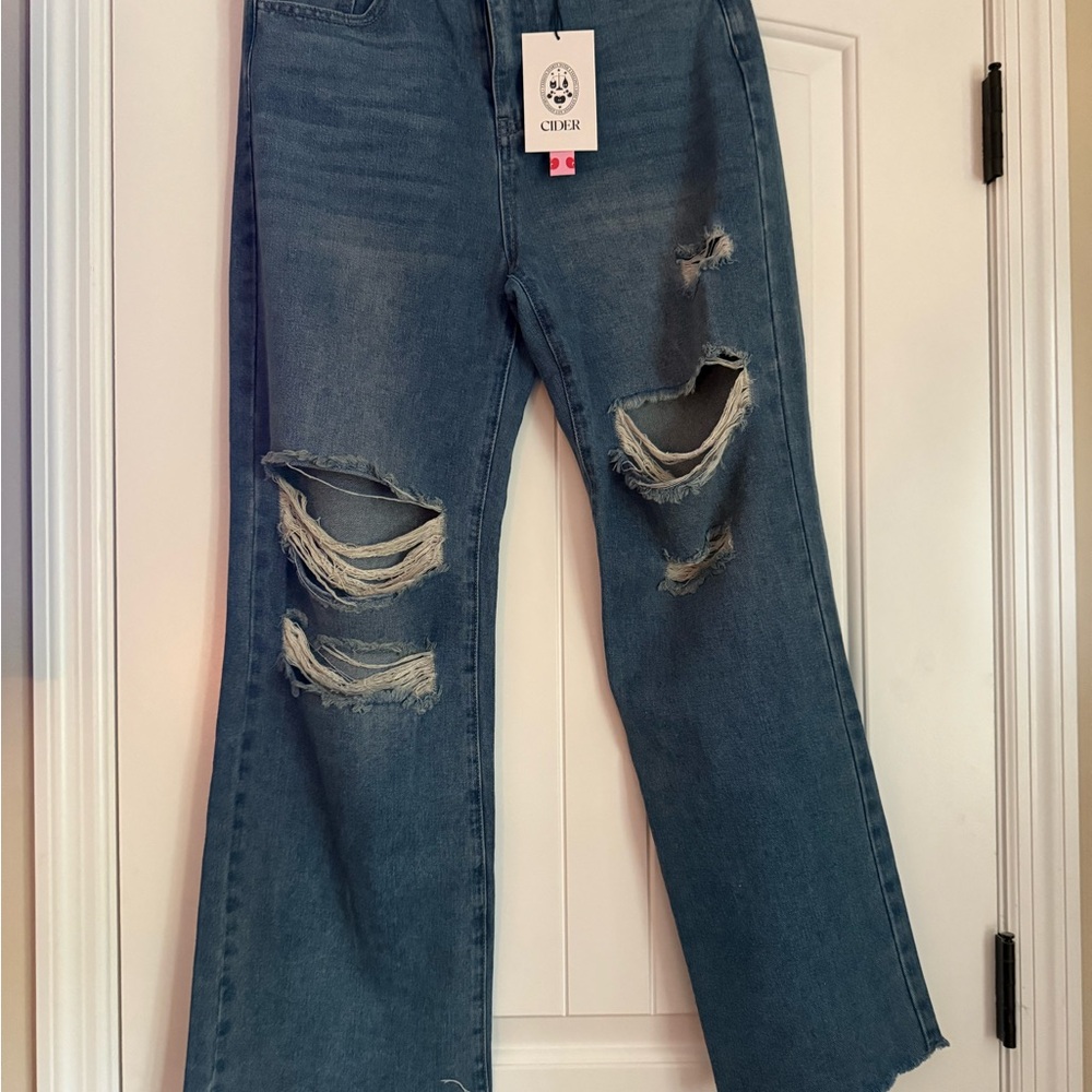 NWT Cider Blue Flare Wide Leg Jeans with Distressed Details